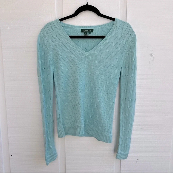 Ralph Lauren Preppy Old Money Silk Cable Knit V-Neck Sweater Soft Aqua Blue / XS - Picture 1 of 3